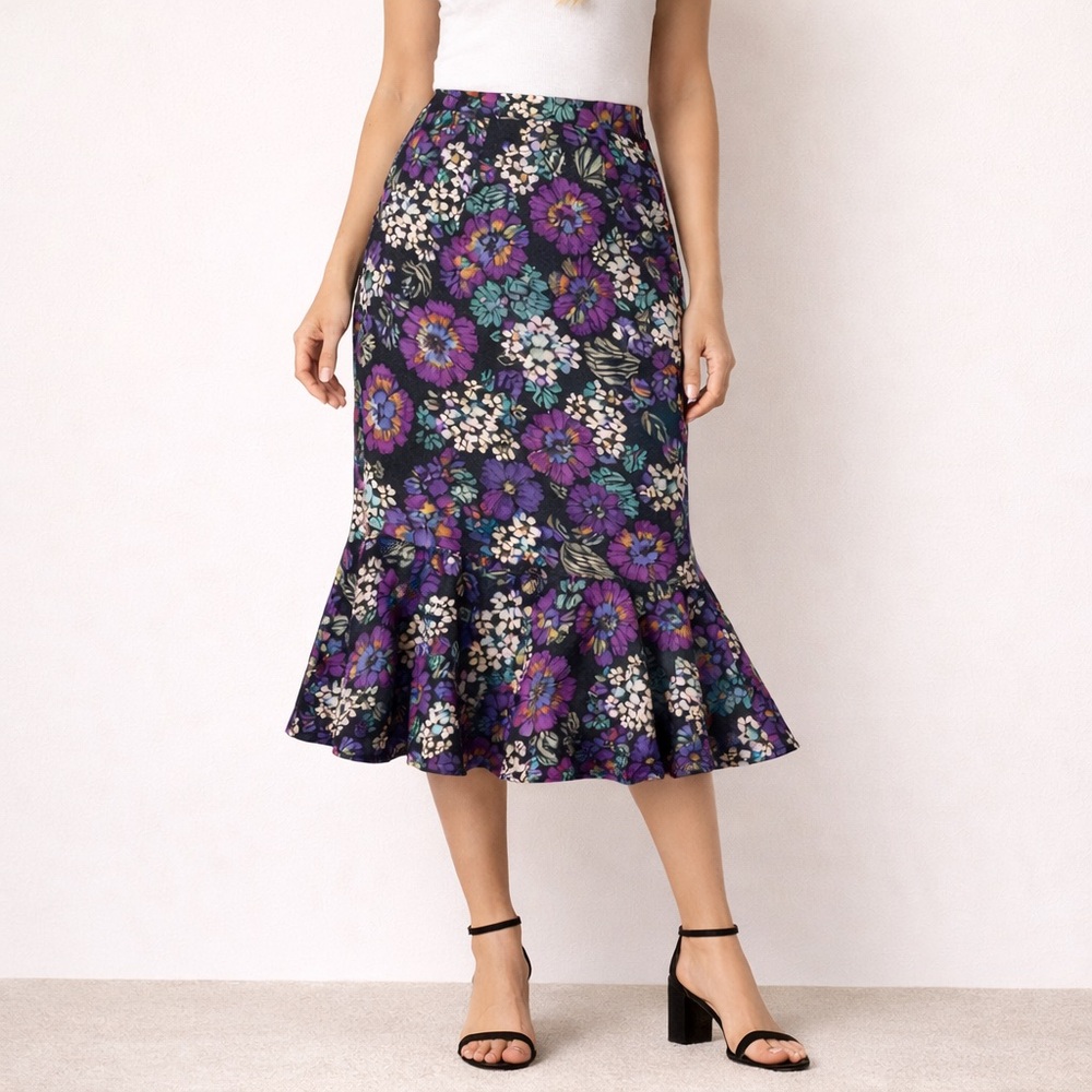 Vtg 90s Y2K Mermaid cut short midi skirt Floral Native Colorful Rayon Sz 14